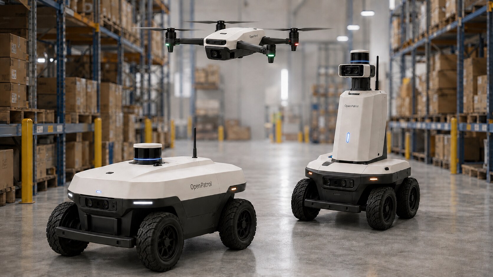 OpenPatrol Rover One, Sentinel and four-rotor AirScout operating in a warehouse